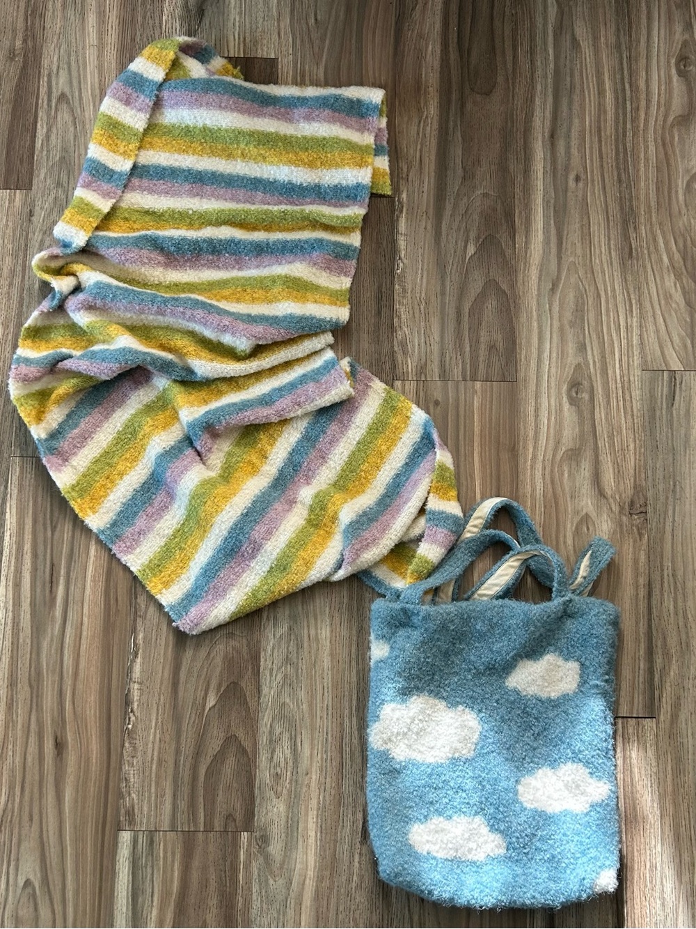 Free people Cozy Cloud Tote & Pastel Stripe Scarf Set - Blue, Yellow, Pink